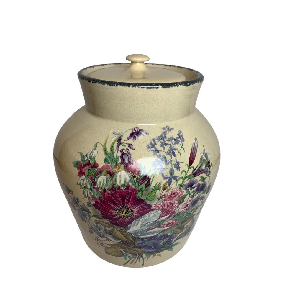 Home & Garden Party Floral Stoneware Cookie  Jar Canister Vintage 2001‎ USA XL